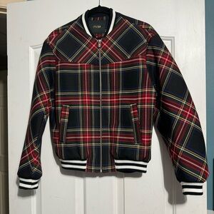 Maje Red/black plaid Bomber Jacket Zip-Up Lined Puffy Size 36